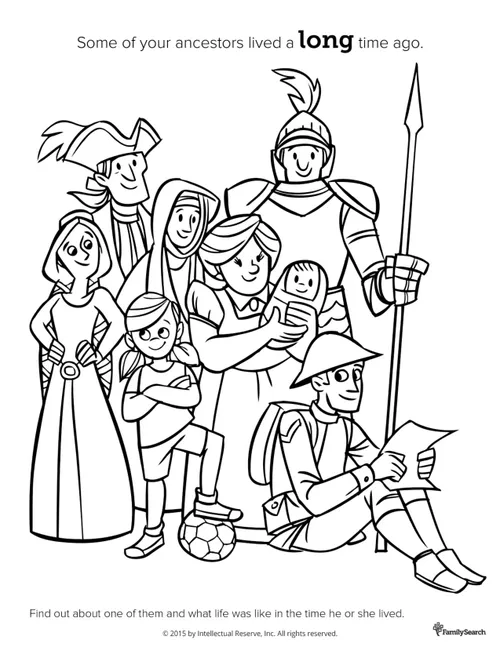 A black-and-white drawing of a group of men, women, and children at diverse ages and time periods.