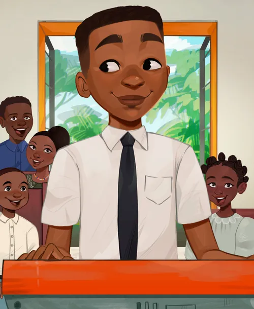 boy in Togo playing electric piano at church