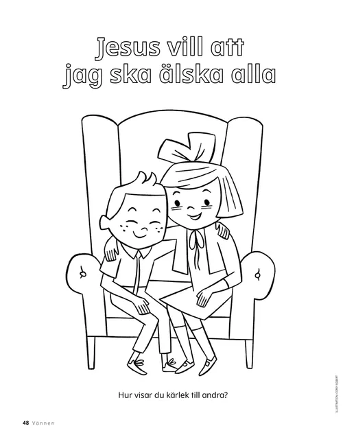 Färgläggnings-pdf med en flicka och en pojke som sitter i en stor stol med armarna om varandras axlar.