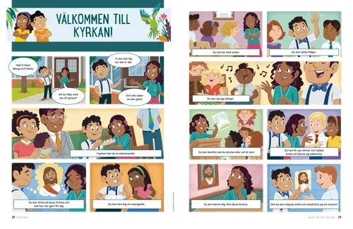 Pdf-sida med en berättelse i serieformat där Margo och Paolo visar hur det är att komma till kyrkan.