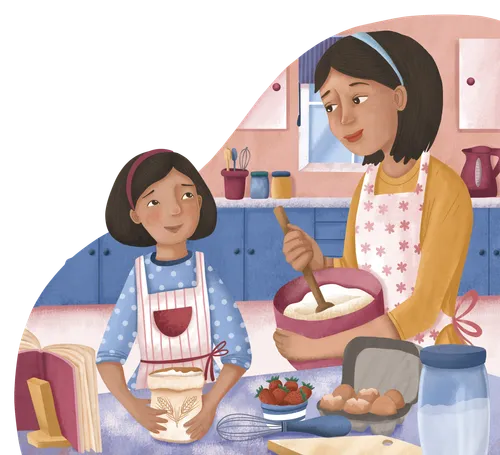 girl and aunt cooking in kitchen