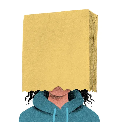 young woman with a bag over her head