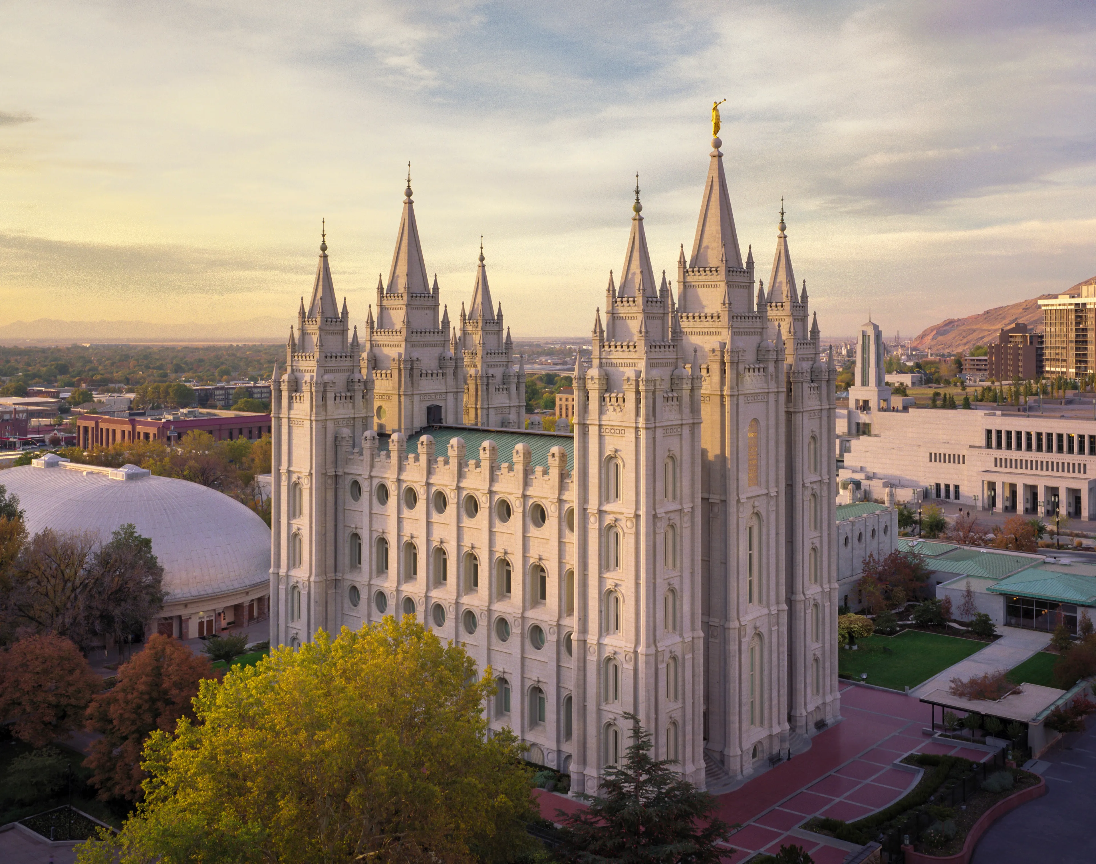 Exterior of the Salt Lake Temple and surrounding area.