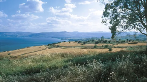the Sea of Galilee and the traditional site of the Mount of Beatitudes