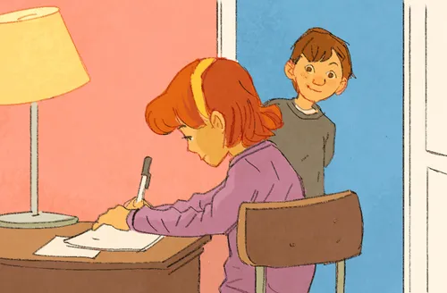 9 panel illustration of Matt and Mandy having a discussion about something that Mandy is writing about.