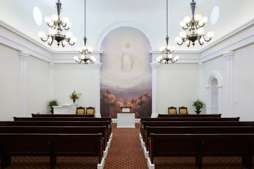 Interior image of the St. George Utah Temple. The image features the Chapel. 