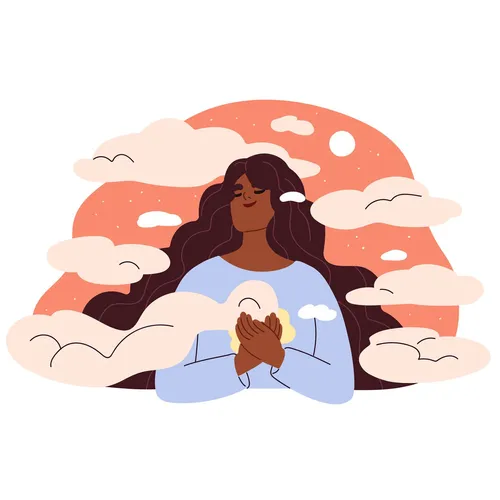 woman looking happy with clouds behind her