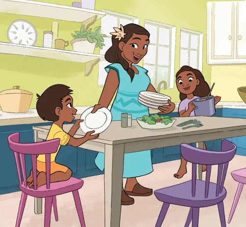 Kids helping mom set the table for dinner