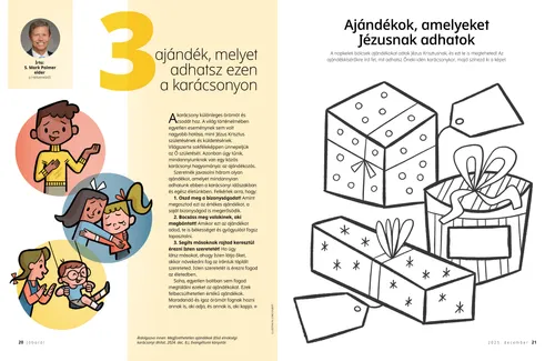 PDF-oldal kedvességet gyakorló gyermekek illusztrációjával; valamint karácsonyi ajándékokat ábrázoló színező tevékenység