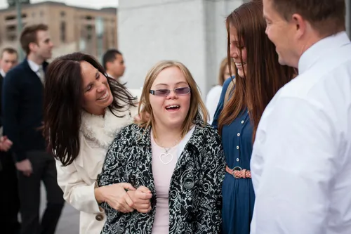 Handicapped woman with friends at conference
