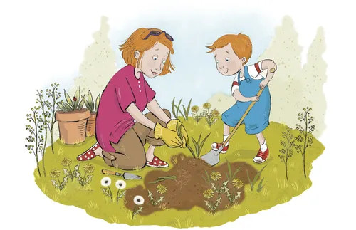 boy and mom working in garden