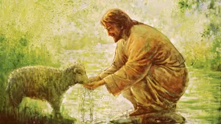 A lamb drinking water from the cupped hands of Jesus Christ.