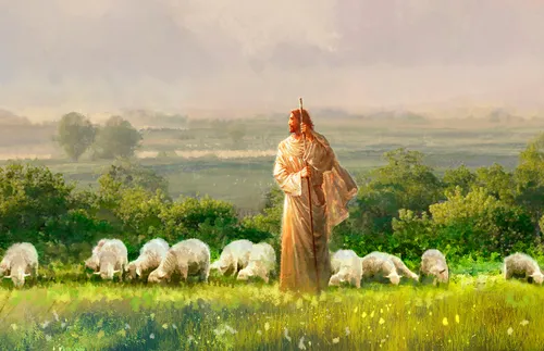 Christ standing in a field and watching over sheep