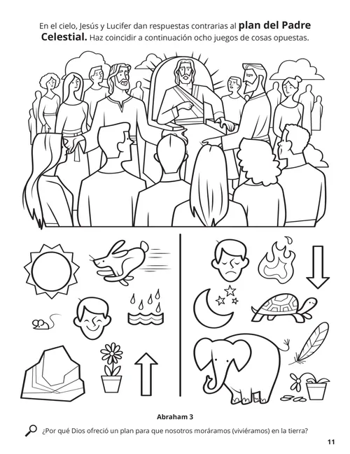 Página en PDF para colorear del concilio de los cielos, además de una actividad de concordancia de opuestos