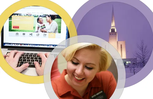 composite photo of computer screen, missionary, and temple