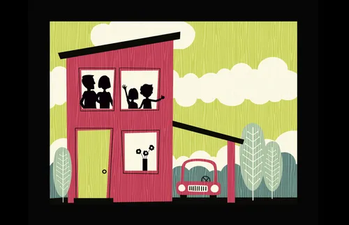 house with silhouettes of family members at windows