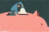 illustration of a man shining a flashlight into a piggy bank