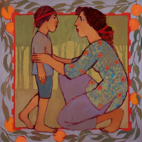 a mother kneeling in front of her son