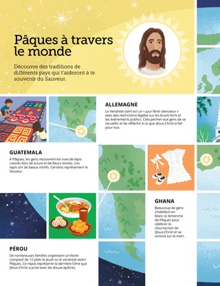 Page au format PDF avec une illustration d’un globe terrestre et de symboles de Pâques du monde entier
