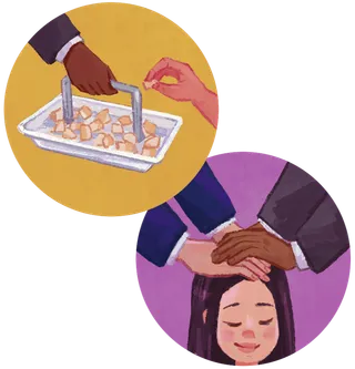 A child taking the sacrament and a girl getting a blessing