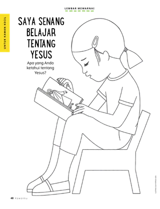 halaman mewarnai anak perempuan melihat buku tentang Yesus