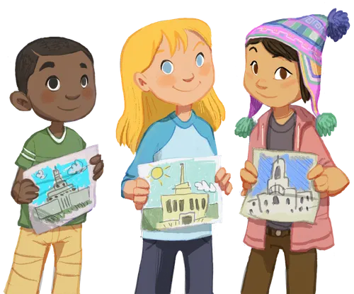 children holding up drawings of temple