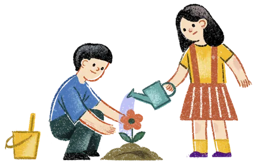 girl and boy watering plant