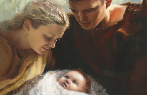 Adam and Eve holding their infant child