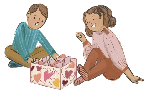 Two kids putting things in a box with hearts in it. 