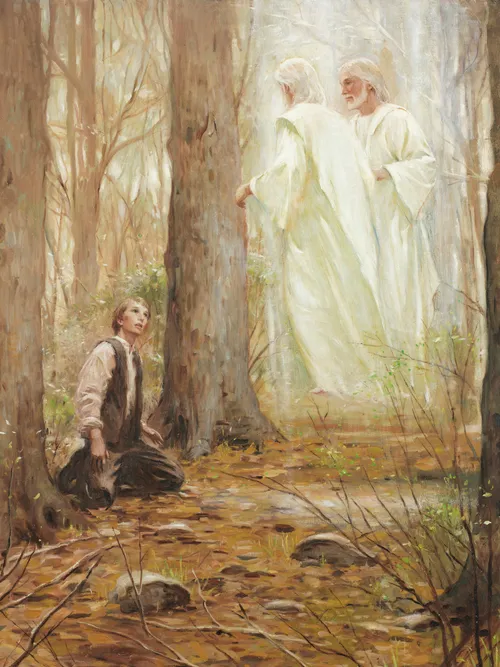 Painting of Joseph Smith kneeling before God the Father and Jesus Christ in the Sacred Grove.
