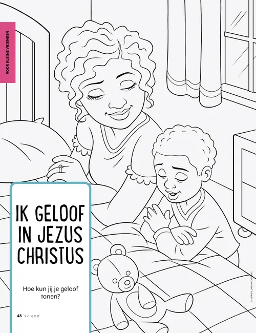 Pdf van een vrouw en jongen die bij een bed knielen om te bidden