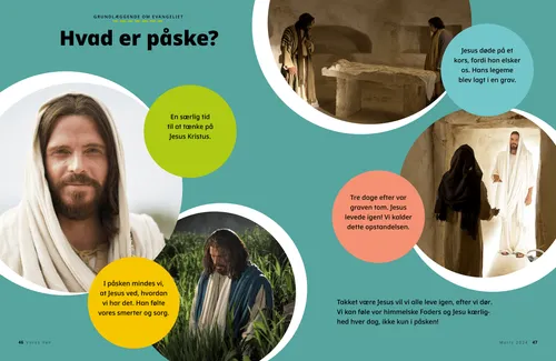 PDF-side med billeder af Jesus Kristus, der smiler, beder i Getsemane have, den tomme grav og den opstandne Jesus, der viser sig for Maria