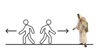 A illustration showing two stick figures. one waslking away from Christ, the other, walking towards Christ