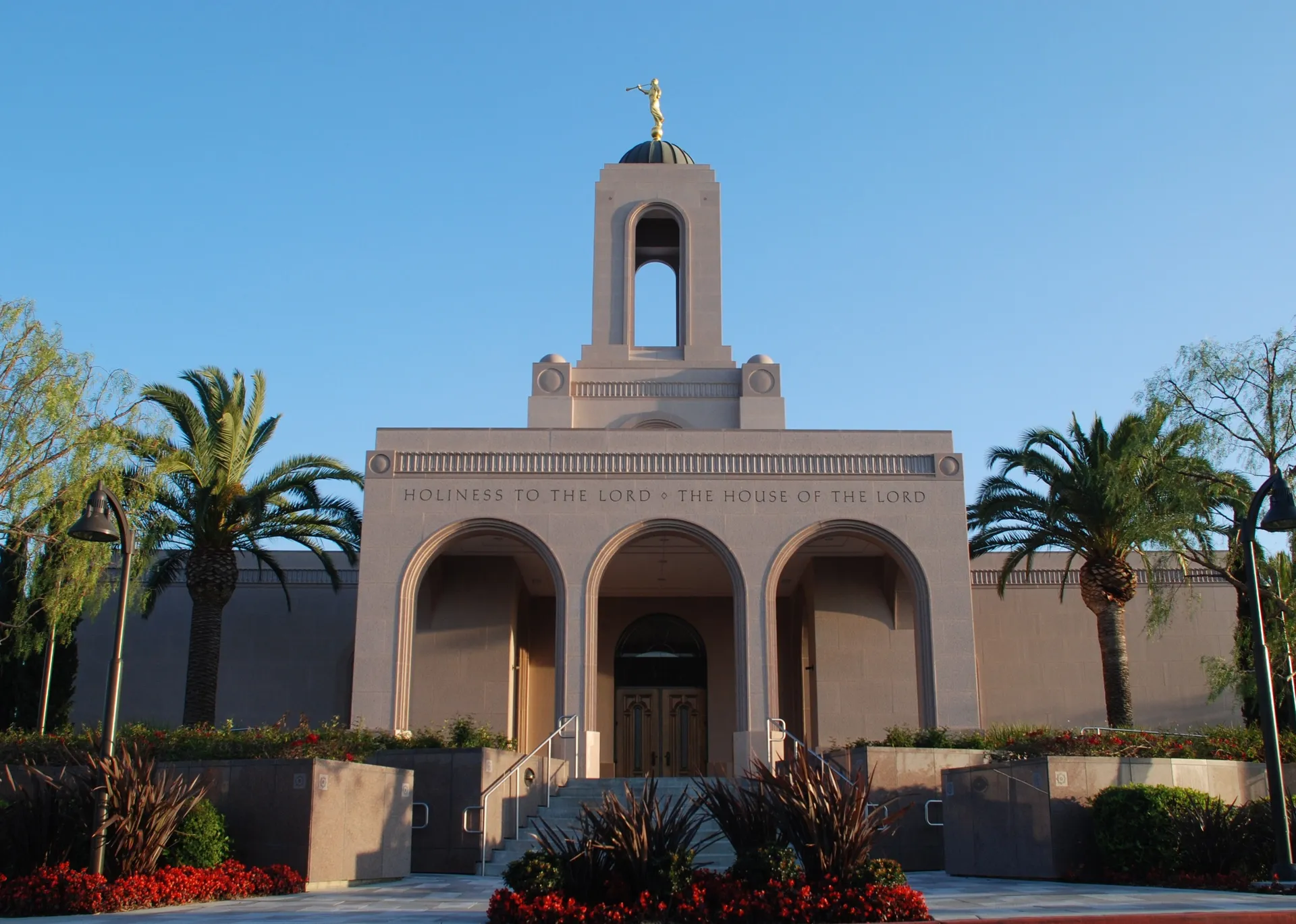 The Newport Beach California Temple engraving, “Holiness to the Lord: The House of the Lord,” including the entrance and scenery.