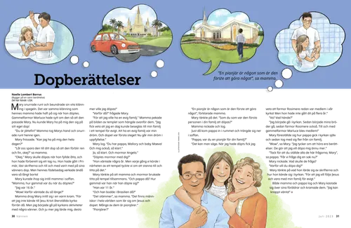 Pdf med flickor som döps, en bil som kör till ett tempel, en pojke framför en kyrkobyggnad och en flicka med sina föräldrar.