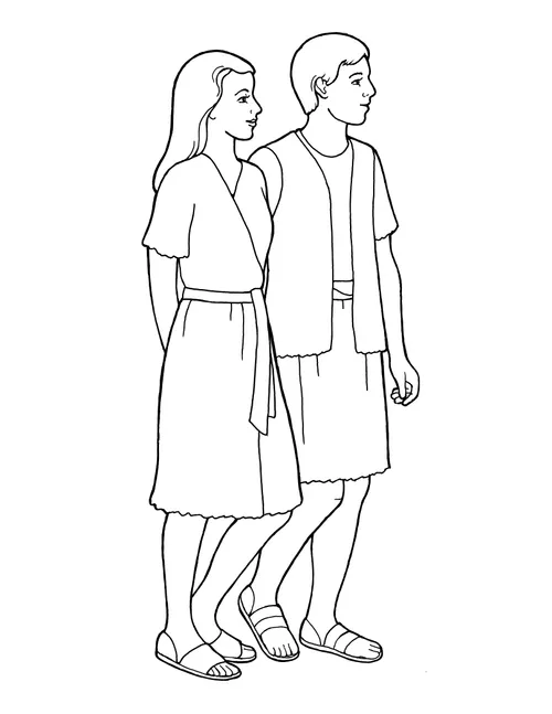 A black-and-white illustration of the side profile of Adam and Eve standing side-by-side with their hands behind their back.