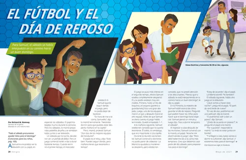 Página en PDF con ilustraciones de un niño viendo televisión con su papá, el niño quedándose dormido en la iglesia sentado junto a sus padres y el niño y sus padres caminando afuera