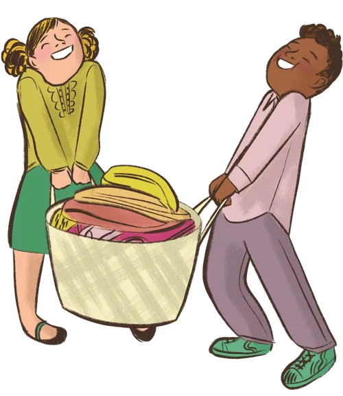 Two children carrying a basket
