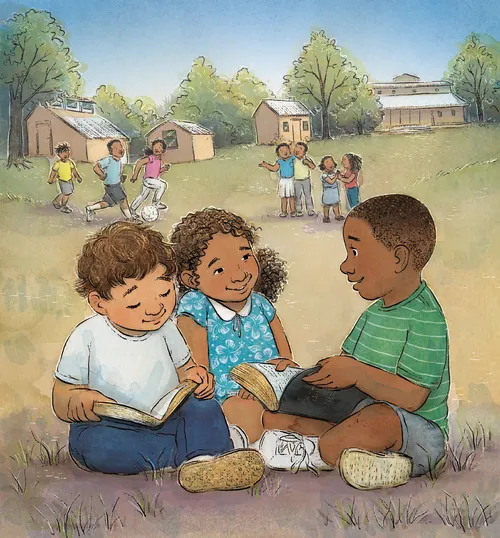 chlidren on playground, reading Book of Mormon