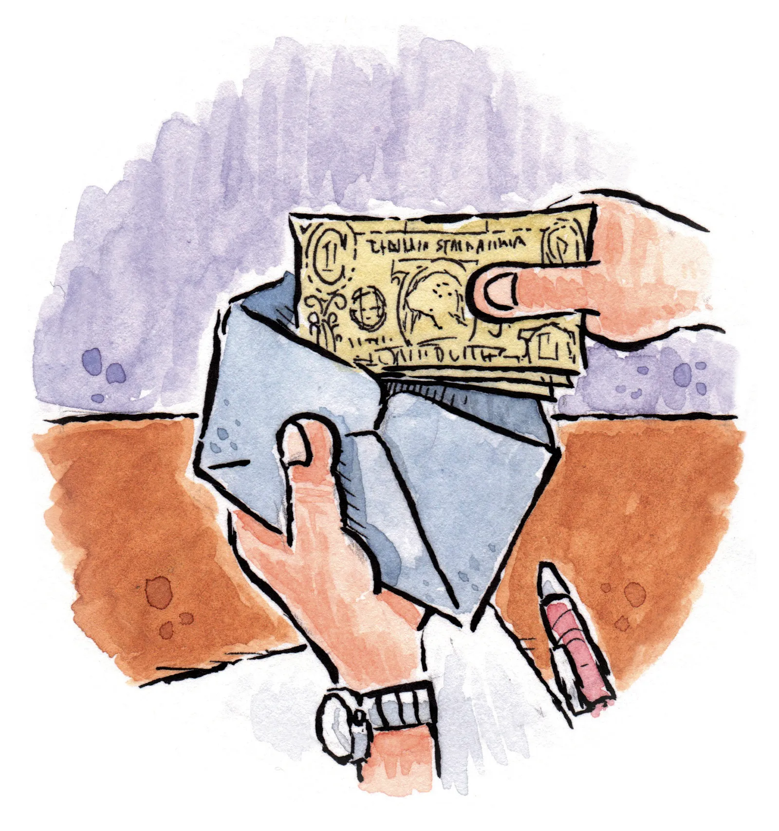 A person puts tithing in a tithing envelope.