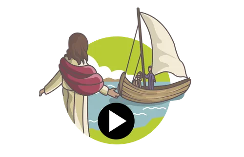 Jesus on the shore looking out at a boat