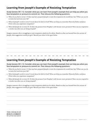 Learning from Joseph’s Example of Resisting Temptation handout