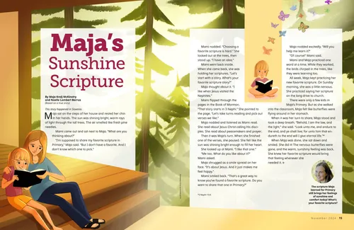 Story PDF with images of a girl reading the Book of Mormon with her mother