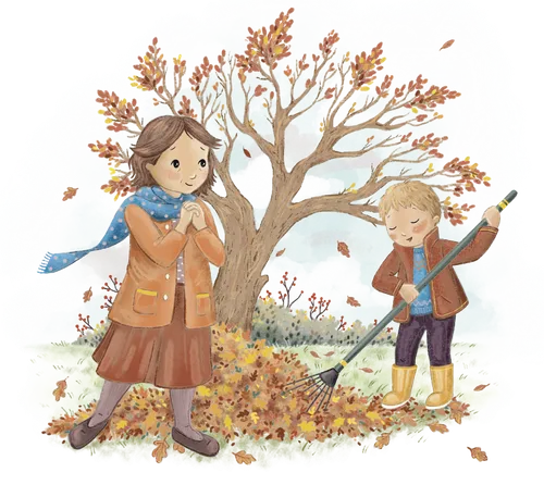 Woman and boy raking leaves