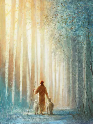 Jesus leading two sheep