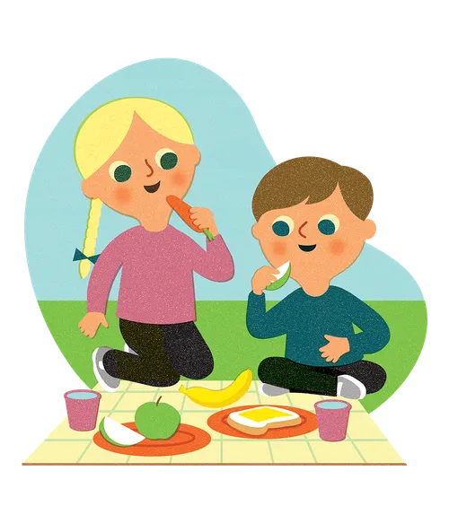 Two children having a picnic eating fruits, vegetables, and bread