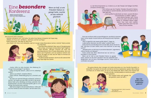 PDF: Ein Mädchen schaut mit seiner Familie die Generalkonferenz; die Familie verbringt Zeit miteinander