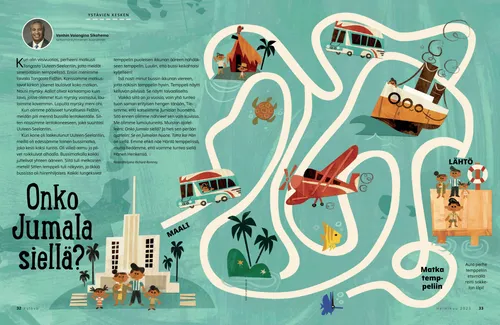 PDF-sivu, jolla on sokkelo ja kuvia perheestä, joka matkustaa temppeliin erilaisilla kulkuneuvoilla