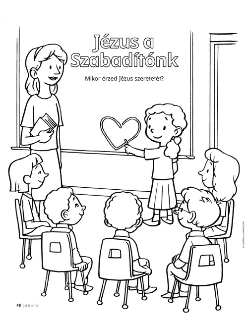 PDF-oldal színezővel, amelyen egy tanító, valamint gyermekek vannak egy elemis osztályban, ahol az egyik gyermek egy szívet rajzol éppen a táblára