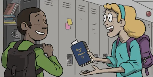 young woman sharing Book of Mormon with young man